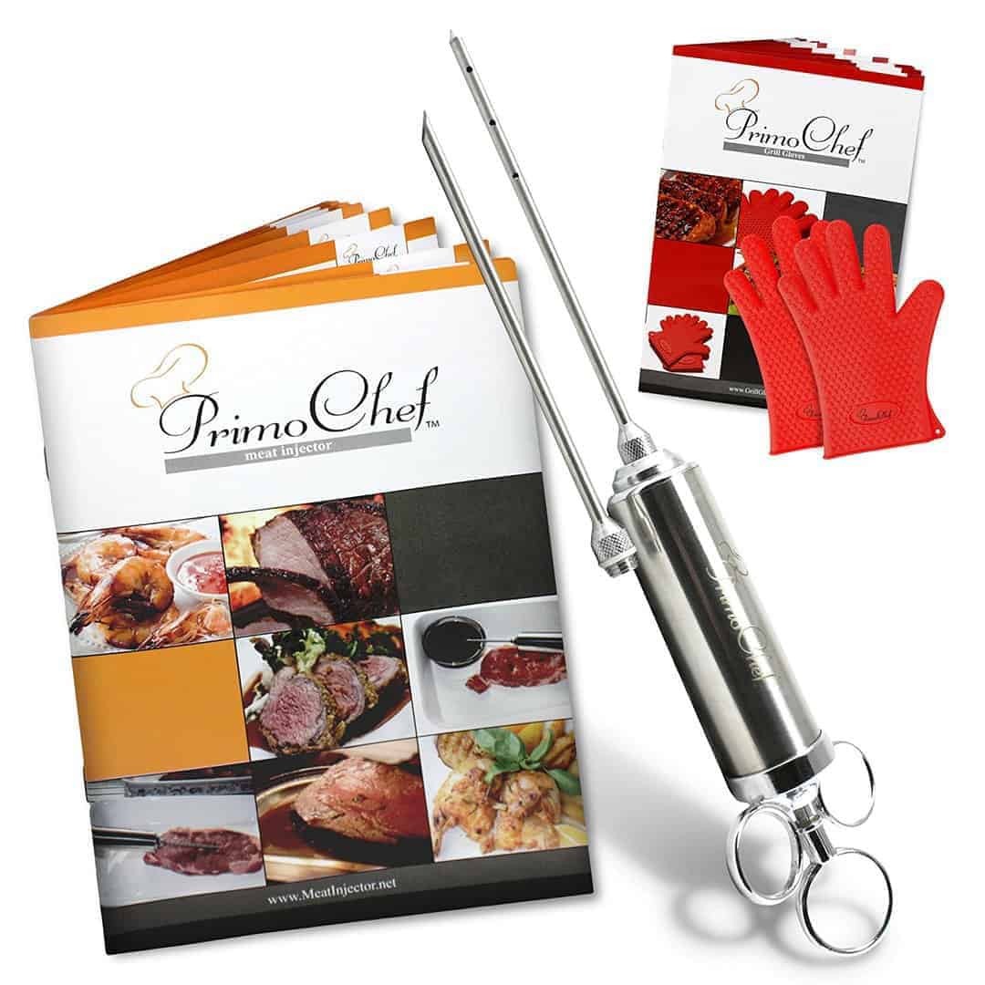 PrimoChef Turkey & Meat Marinade Injector Kit. Stainless Steel 2-Oz. BONUS Grill Gloves, 2 Recipe Books With Delicious Flavor Marinades For Injectors! 