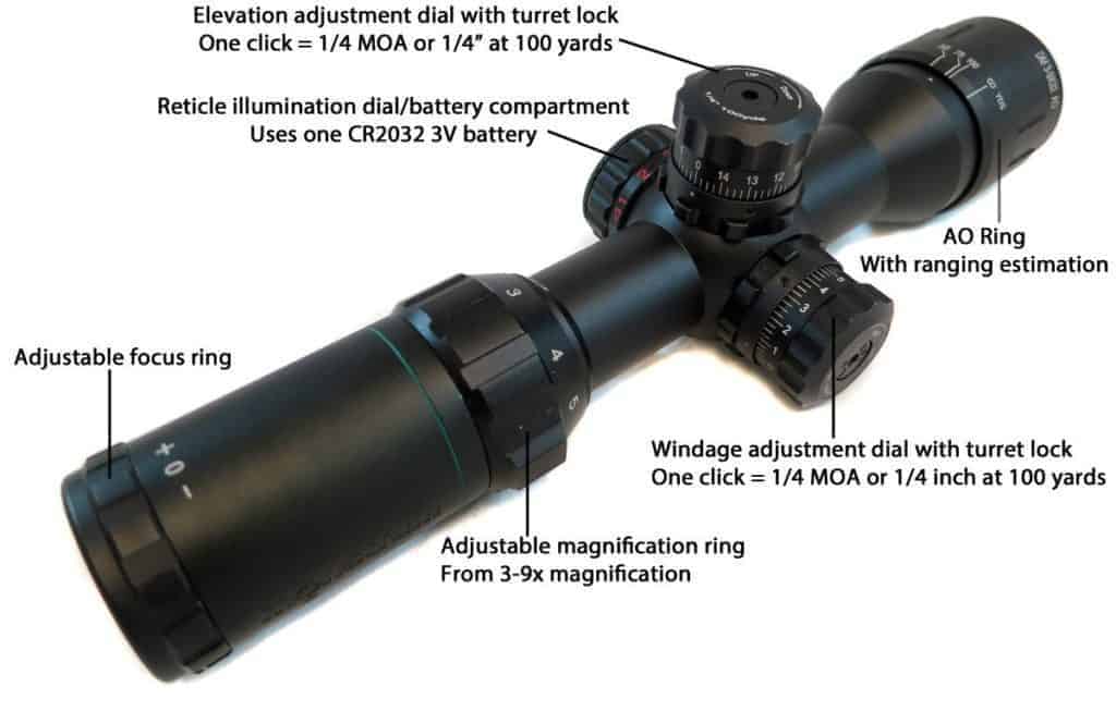Monstrum Tactical 3-9x32 AO Rifle Scope with Illuminated Range Finder Reticle and High Profile Scope Rings 